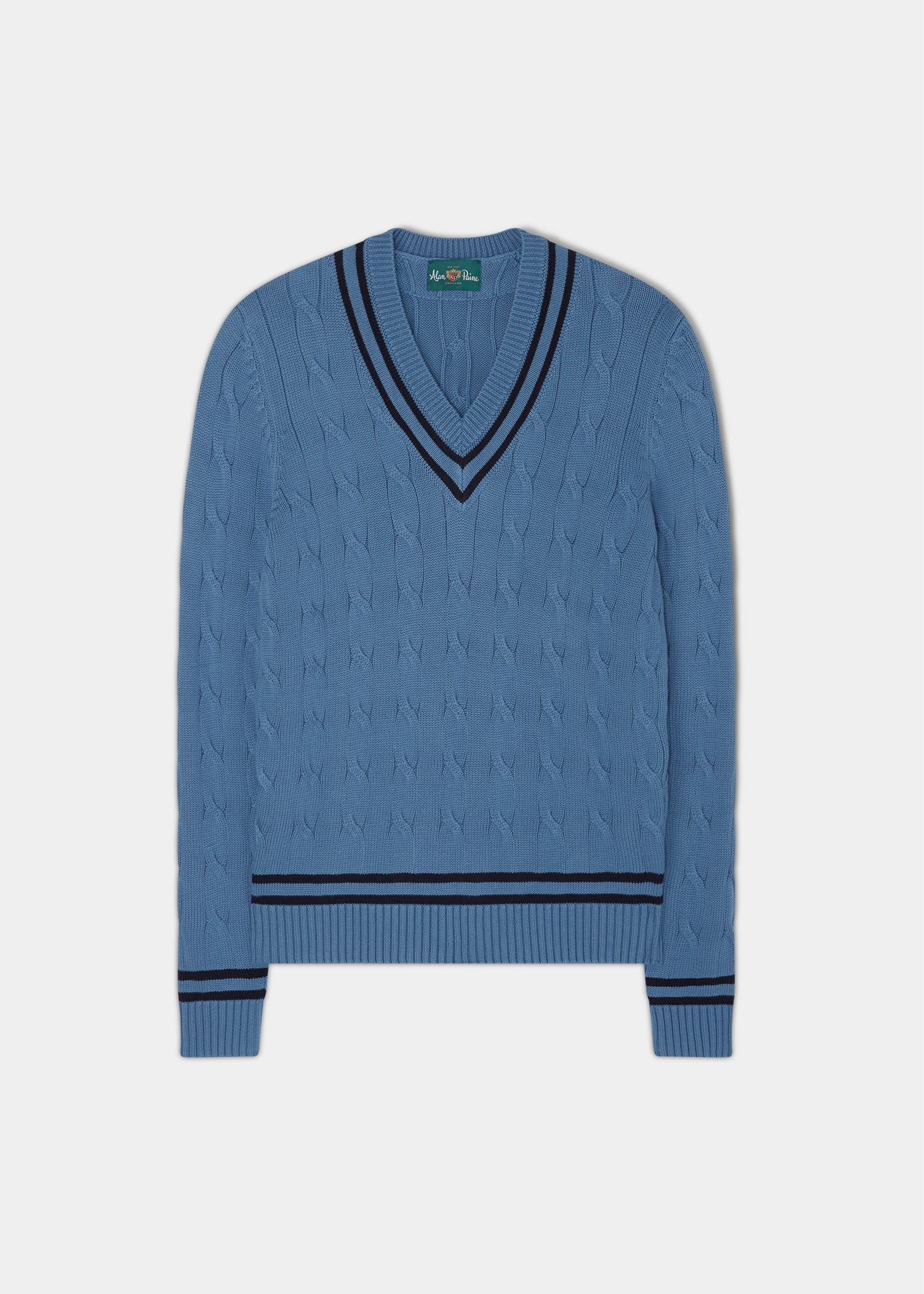 Men s Cable Knit Cricket Jumper In Airforce Dark Navy Alan