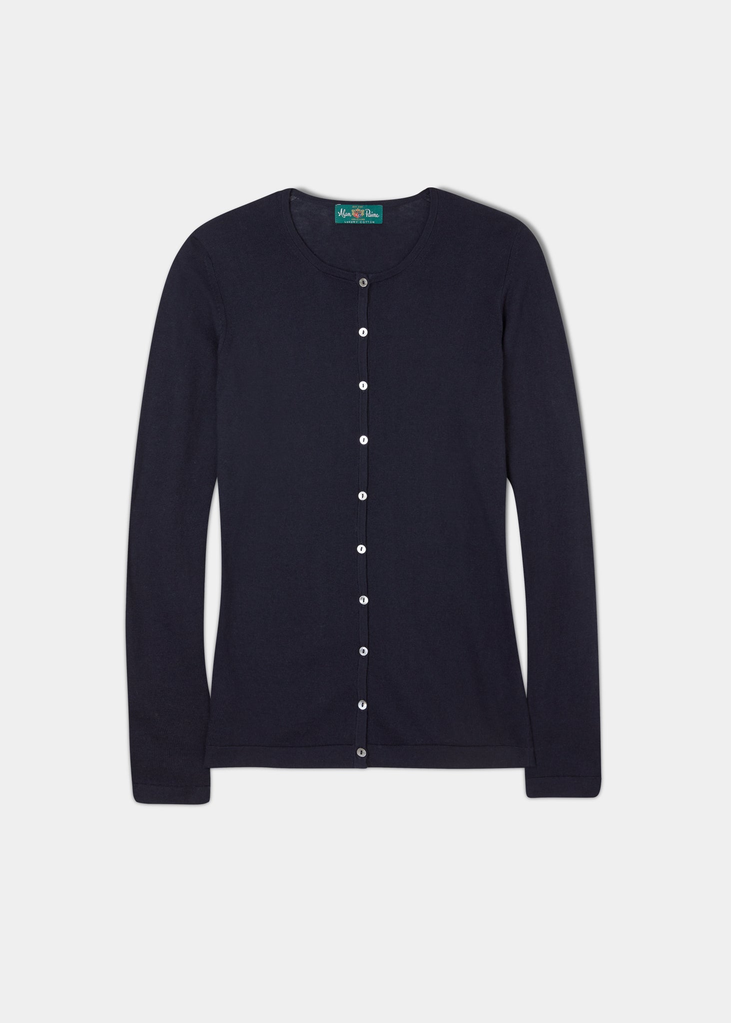 Ladies Cotton Cashmere Crew Neck Cardigan In Dark Navy Alan Paine UK