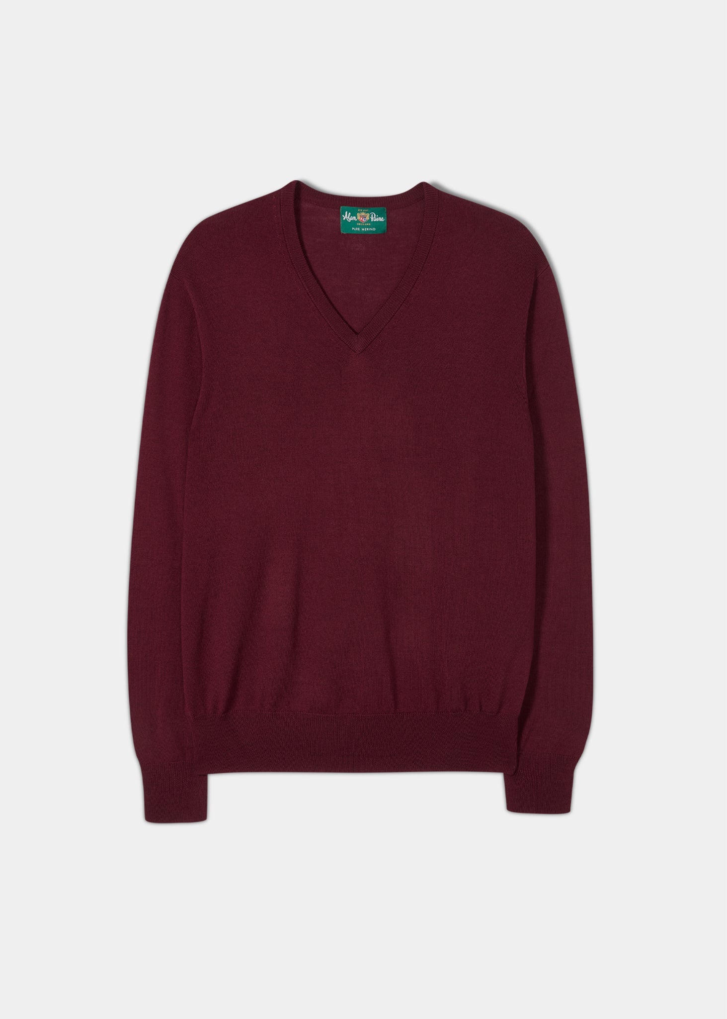 Men s V Neck Merino Wool Jumper in Bordeaux Alan Paine UK