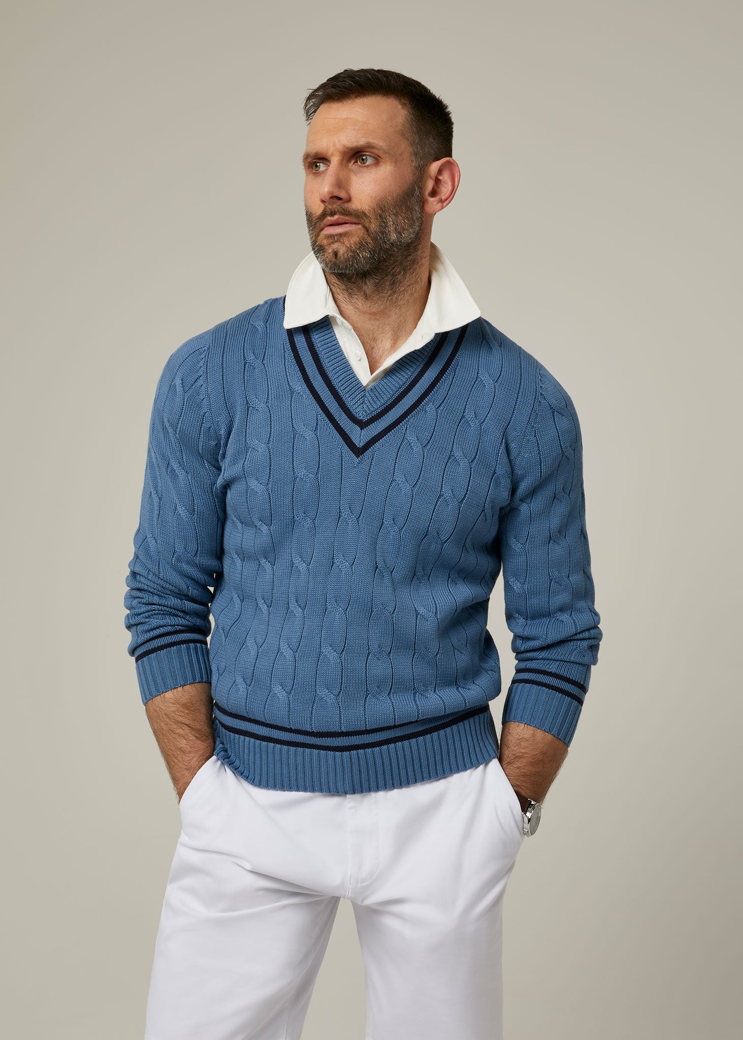 Sandridge Cable Knit Cricket Jumper In Airforce Dark Navy