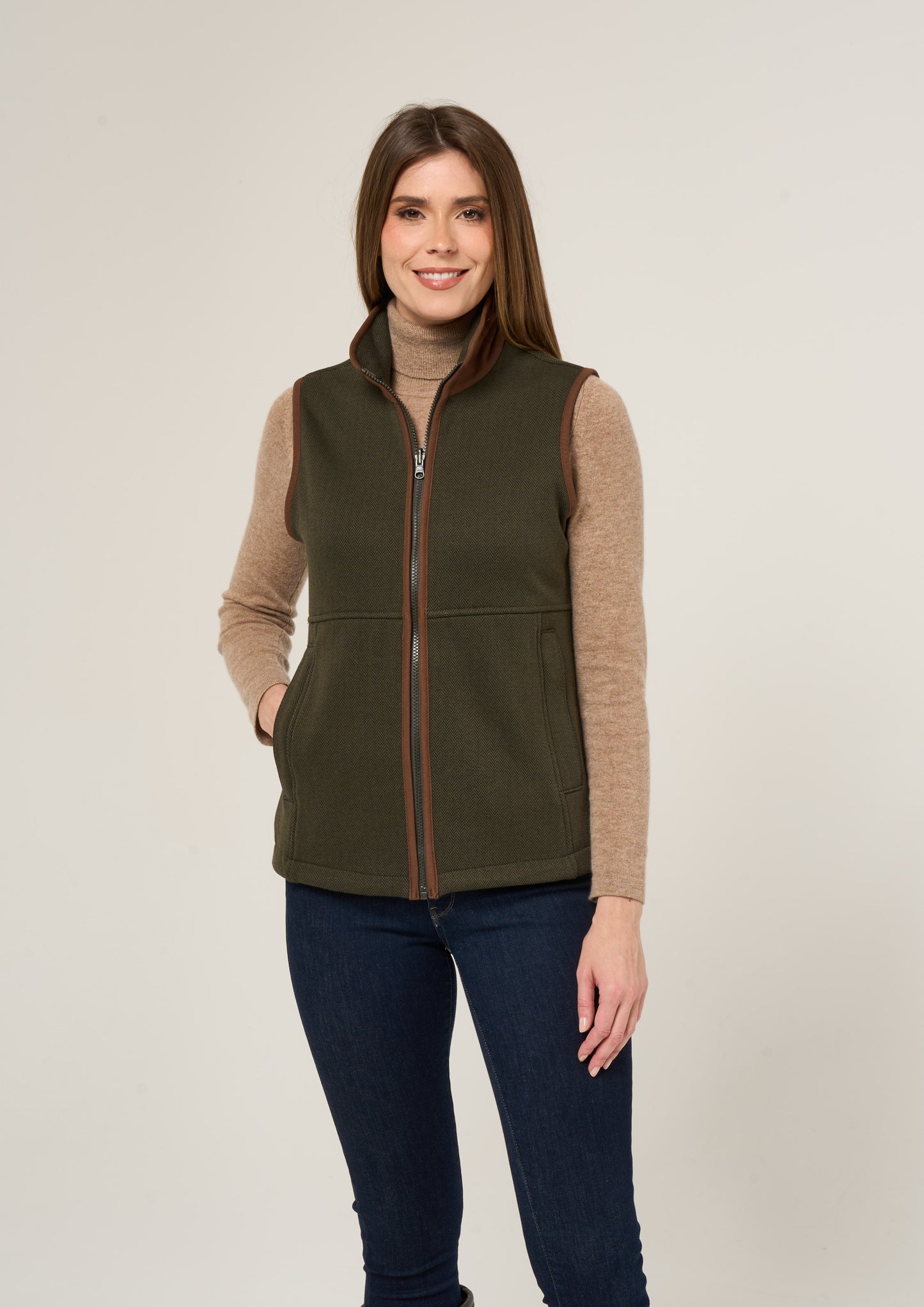 Aylsham Ladies Fleece Gilet In Green Herringbone