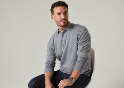 Hindhead Men's Merino Wool Polo Shirt in Light Grey Mix