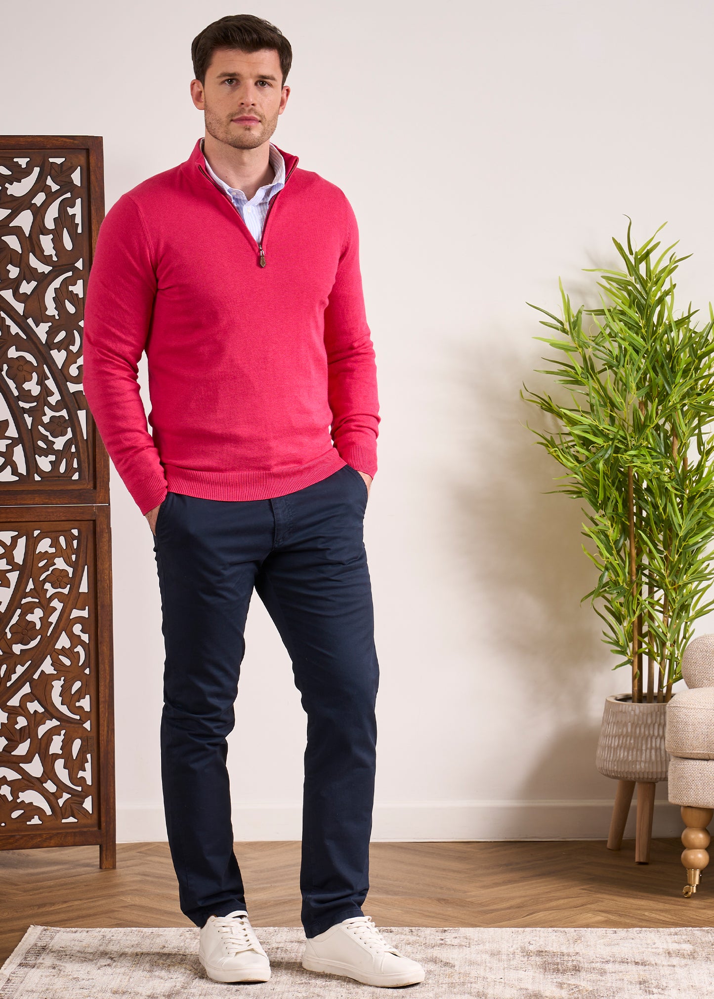 Cotton Cashmere 1/4 Zip Jumper In Raspberry