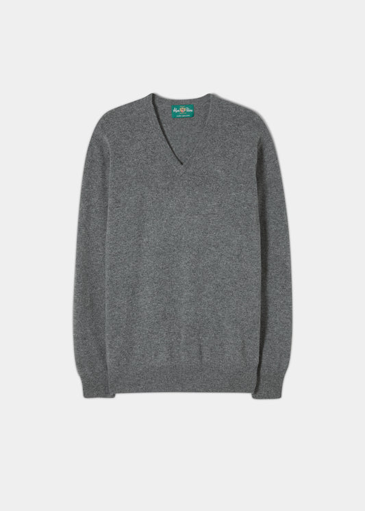 Men's Geelong Lambswool Vee Neck Jumper in Dark Grey - Regular Fit