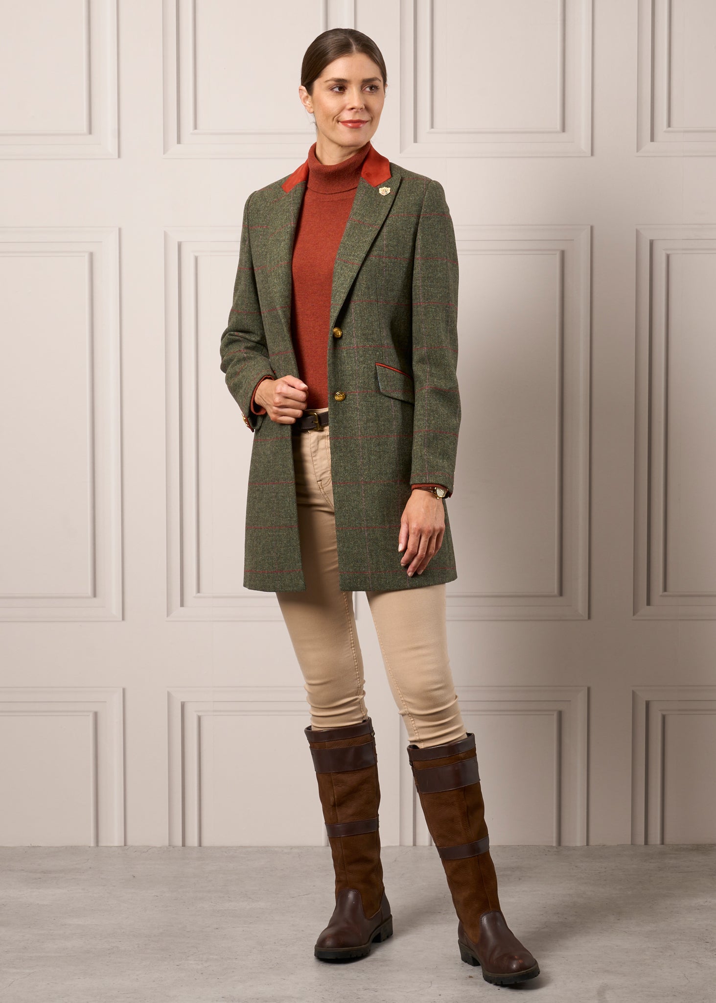 Combrook Ladies Mid Thigh Tweed Coat In Heath Alan Paine UK