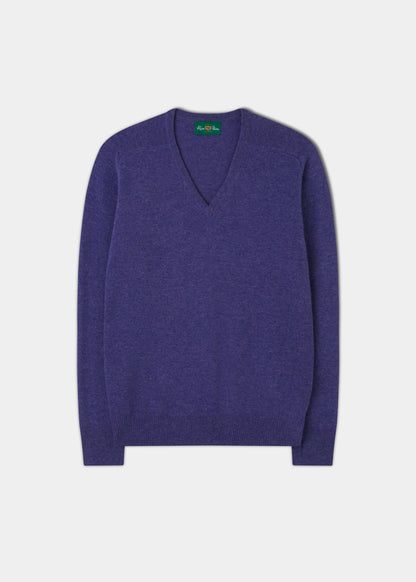 Men's Lambswool Vee Neck Jumper in Purple - Classic Fit