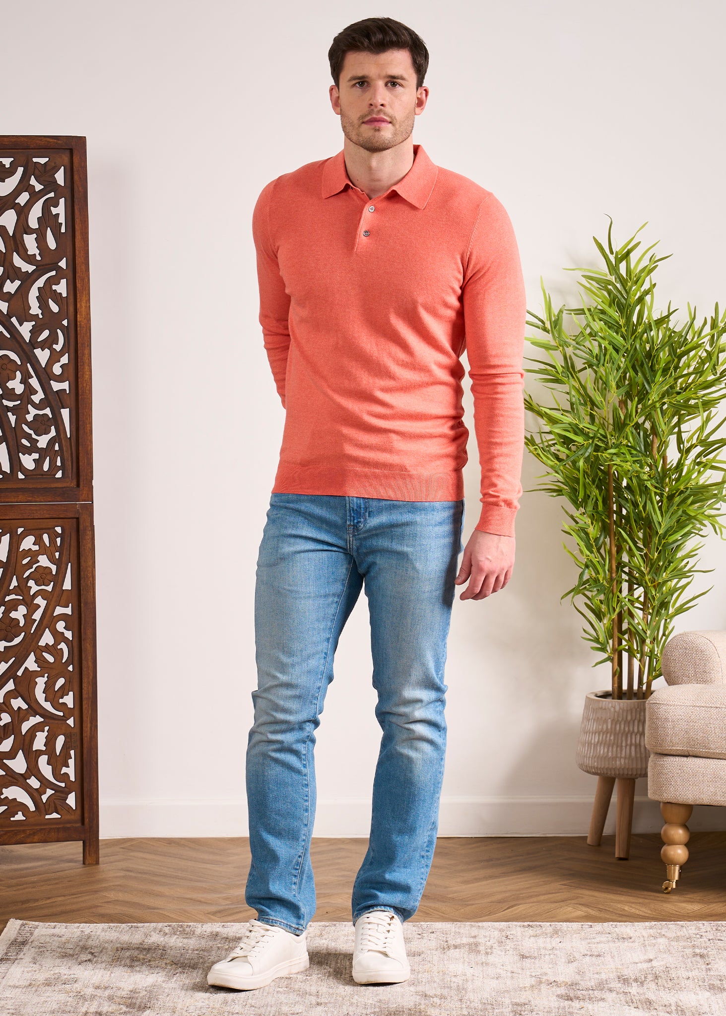 Luxury Cotton Long Sleeve Polo Shirt In Coral