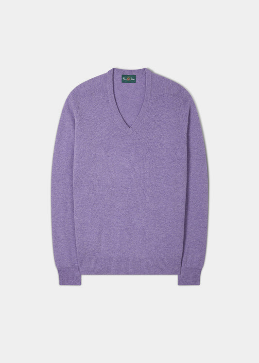 Men's Lambswool Vee Neck Jumper in Violet - Classic Fit