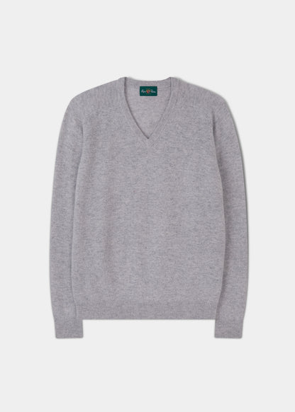 Men's Lambswool Vee Neck Jumper in Light Grey Mix - Regular Fit