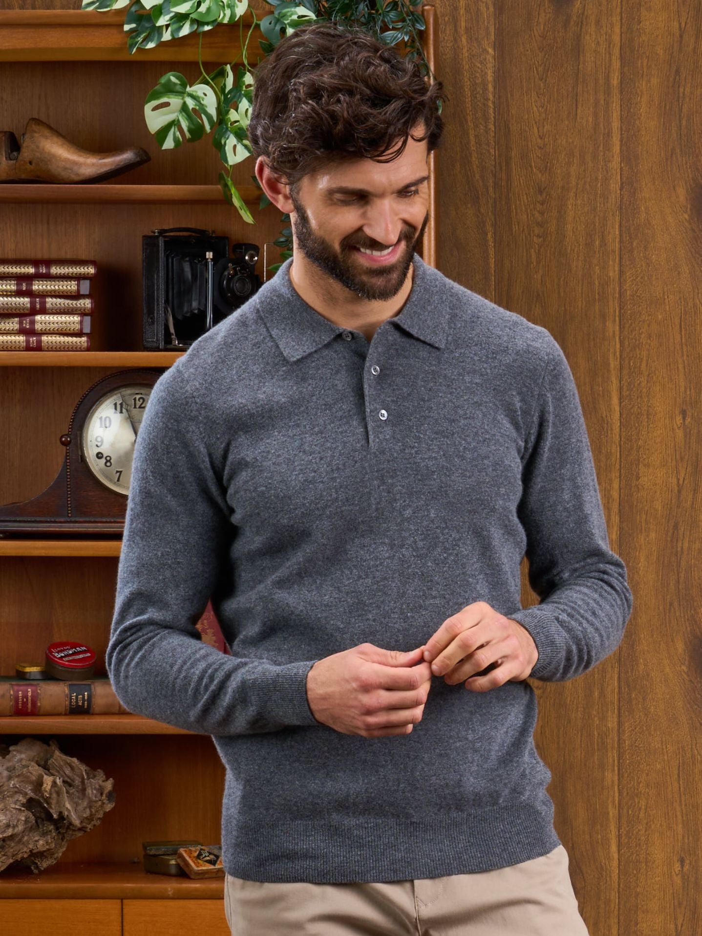 Geelong Wool Long Sleeve Polo Shirt in Dark Grey