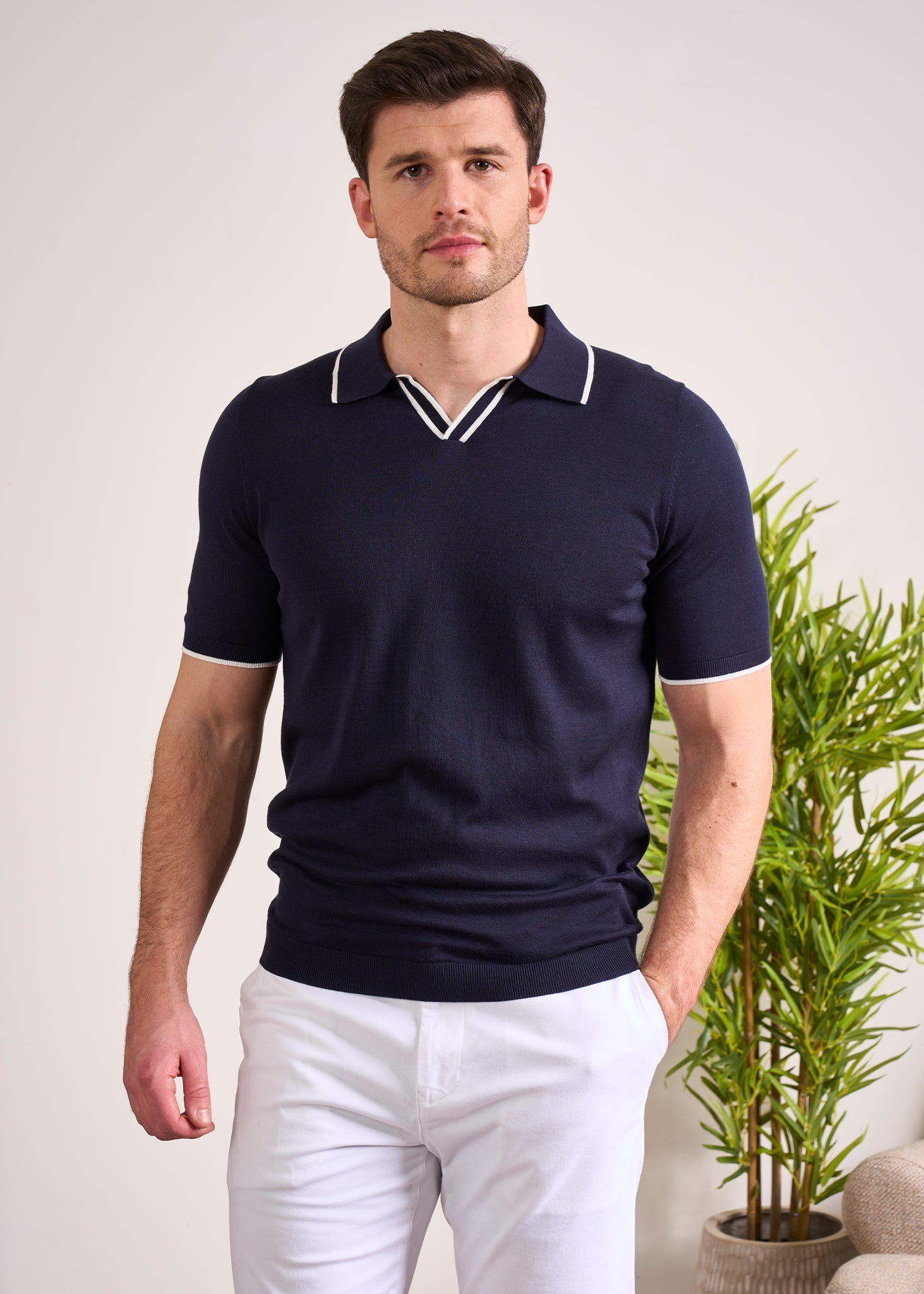 Open Collar Navy Polo Shirt