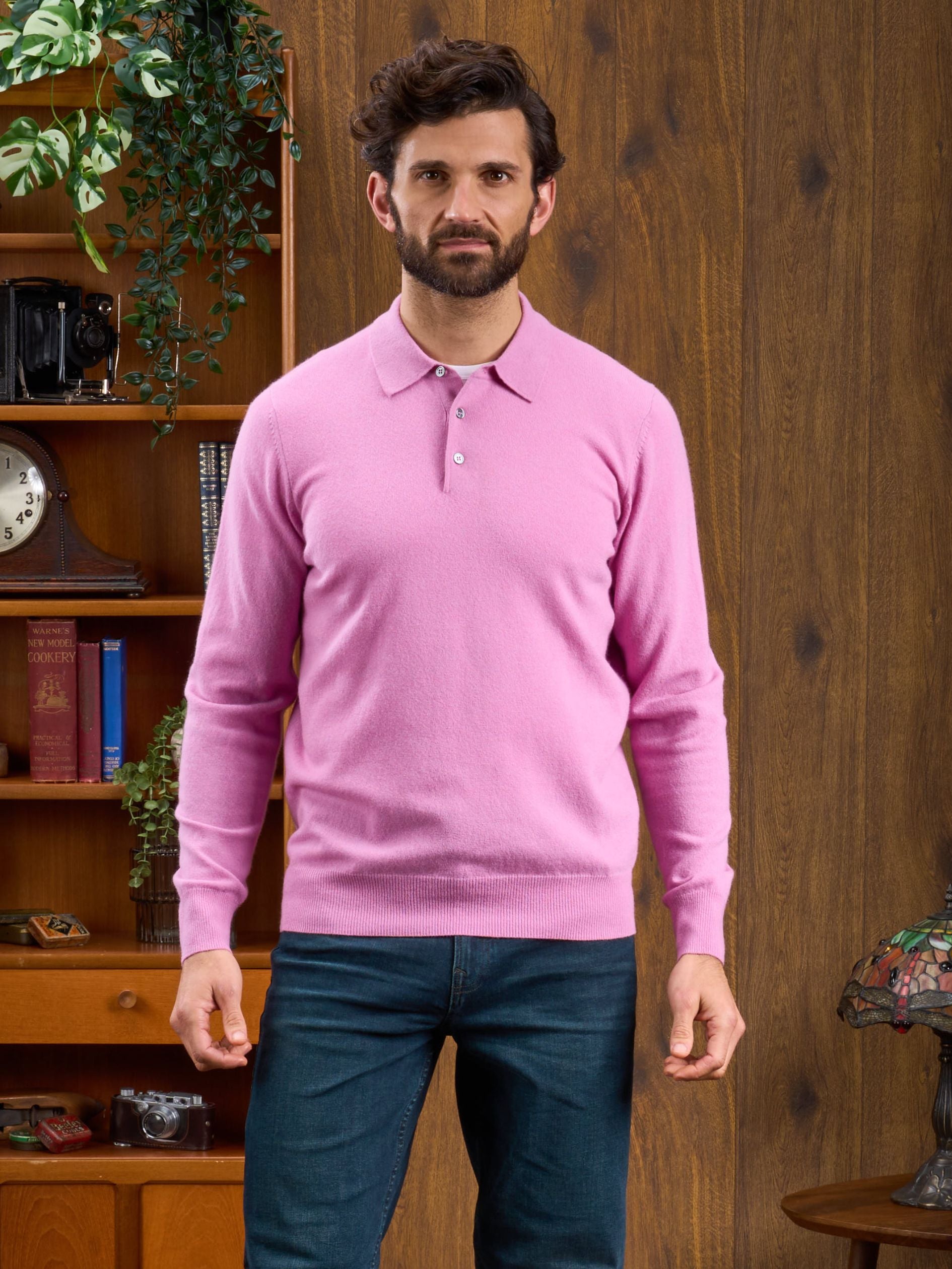 Men s Geelong Lambswool Long Sleeve Polo Shirt in Pink Haze Regular Fit