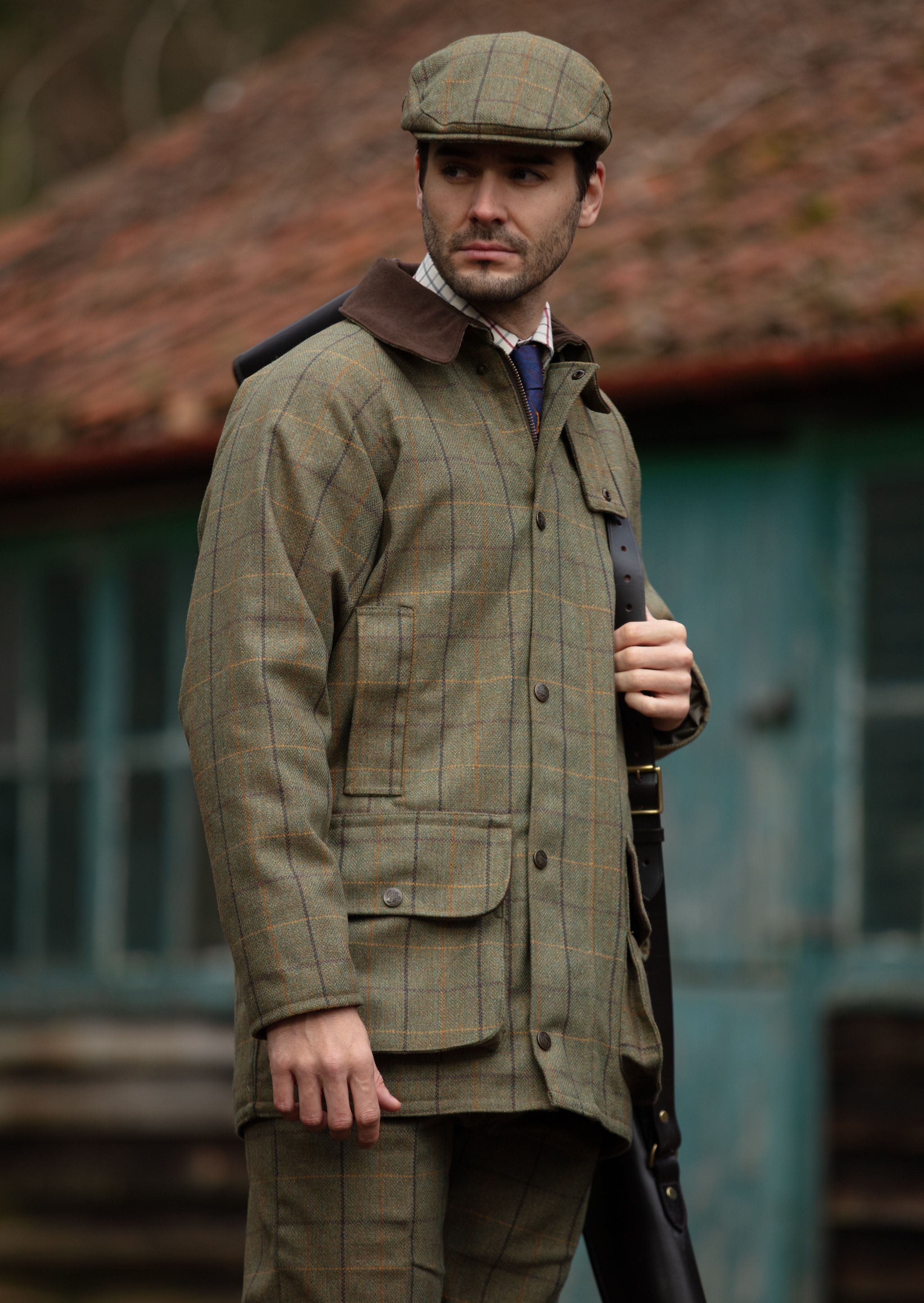 Rutland Men s Tweed Waterproof Shooting Coat In Dark Moss Regular Fit