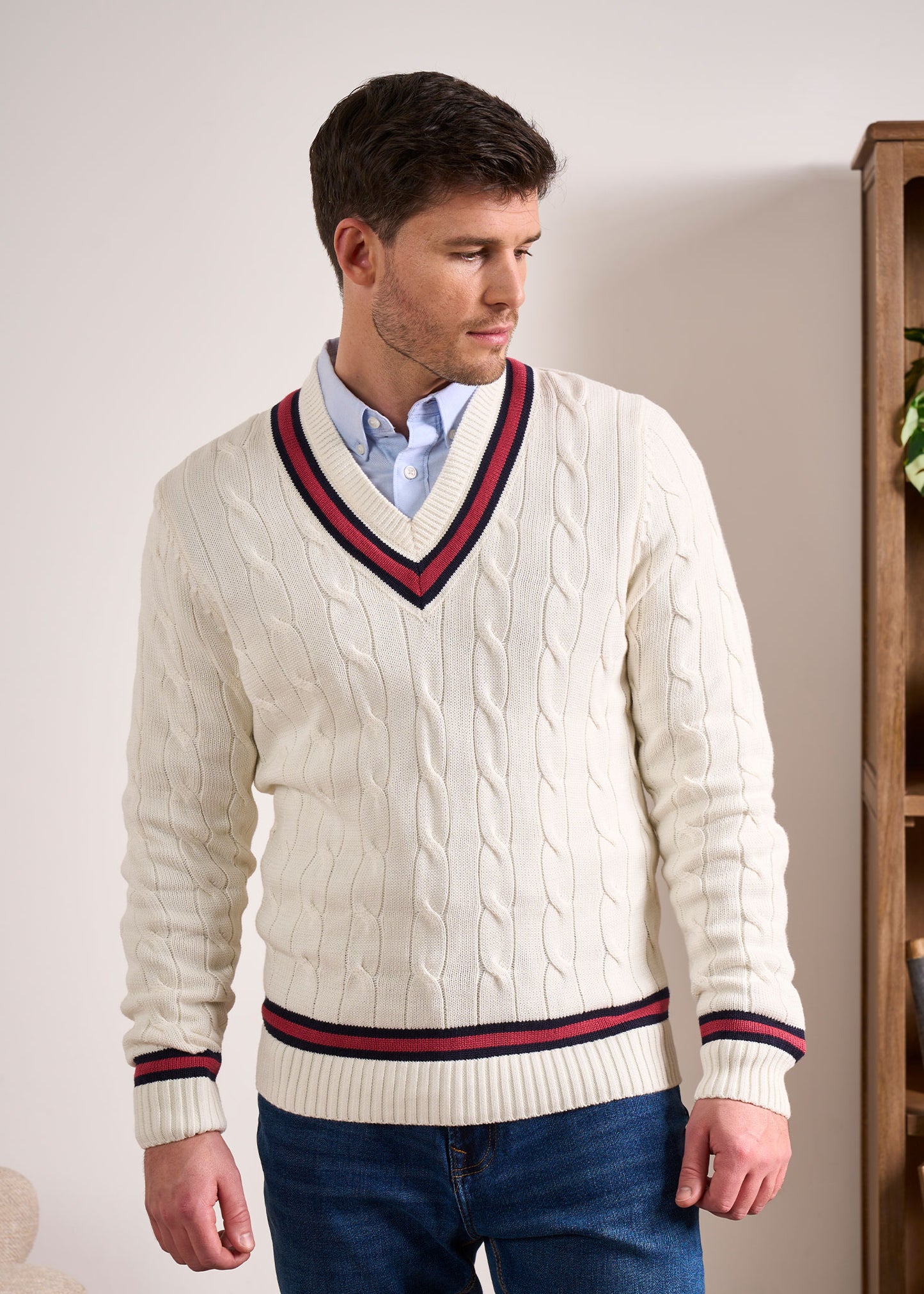 Sandridge Cable Knit Cricket Jumper In Ecru & Cherry