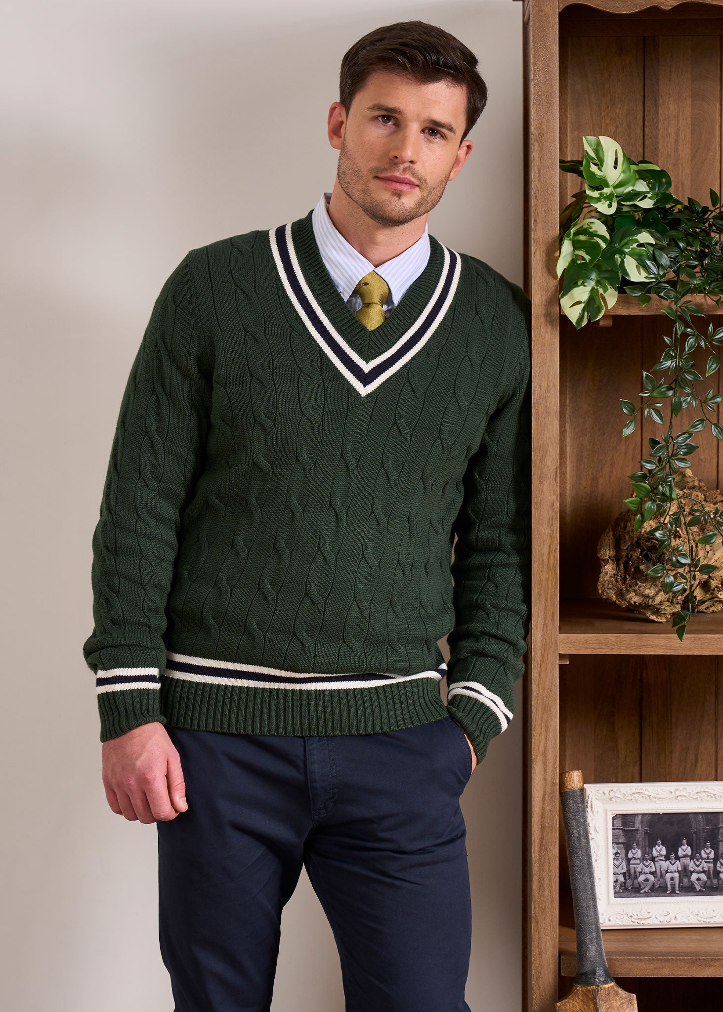 Sandridge Cable Knit Cricket Jumper In AP Green & Dark Navy