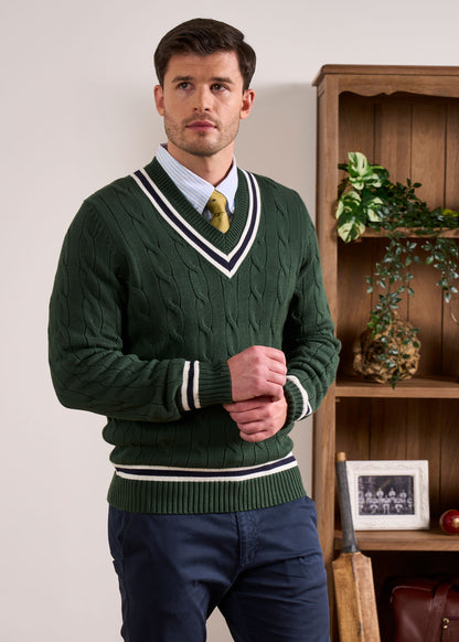 Sandridge Cable Knit Cricket Jumper In AP Green & Dark Navy