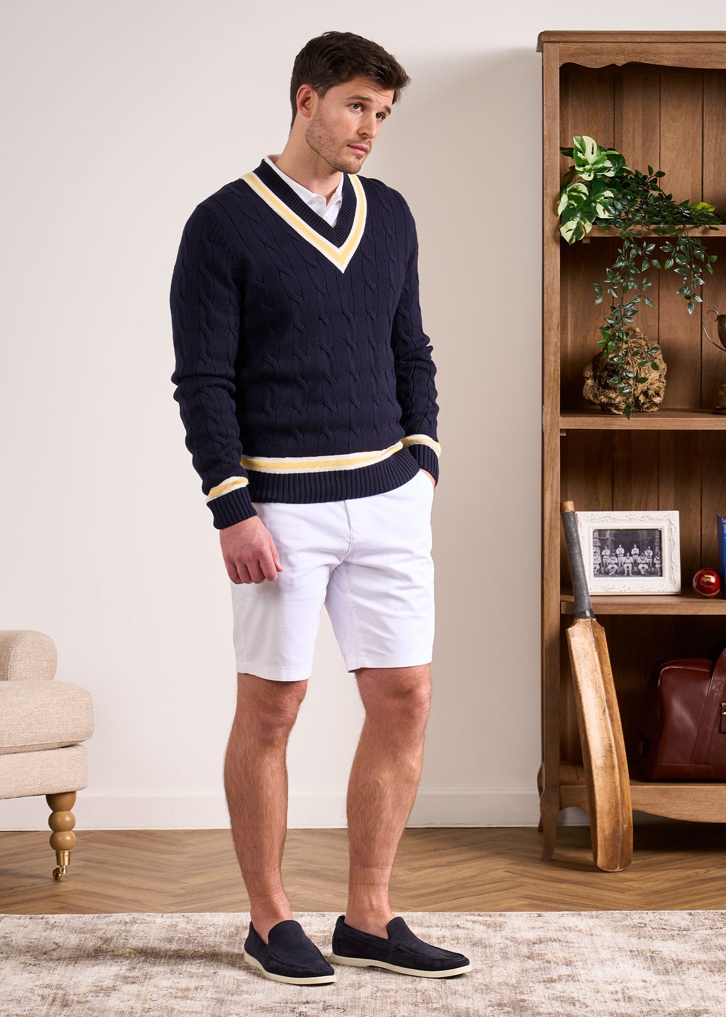 Sandridge Cable Knit Cricket Jumper In Dark Navy & Sun