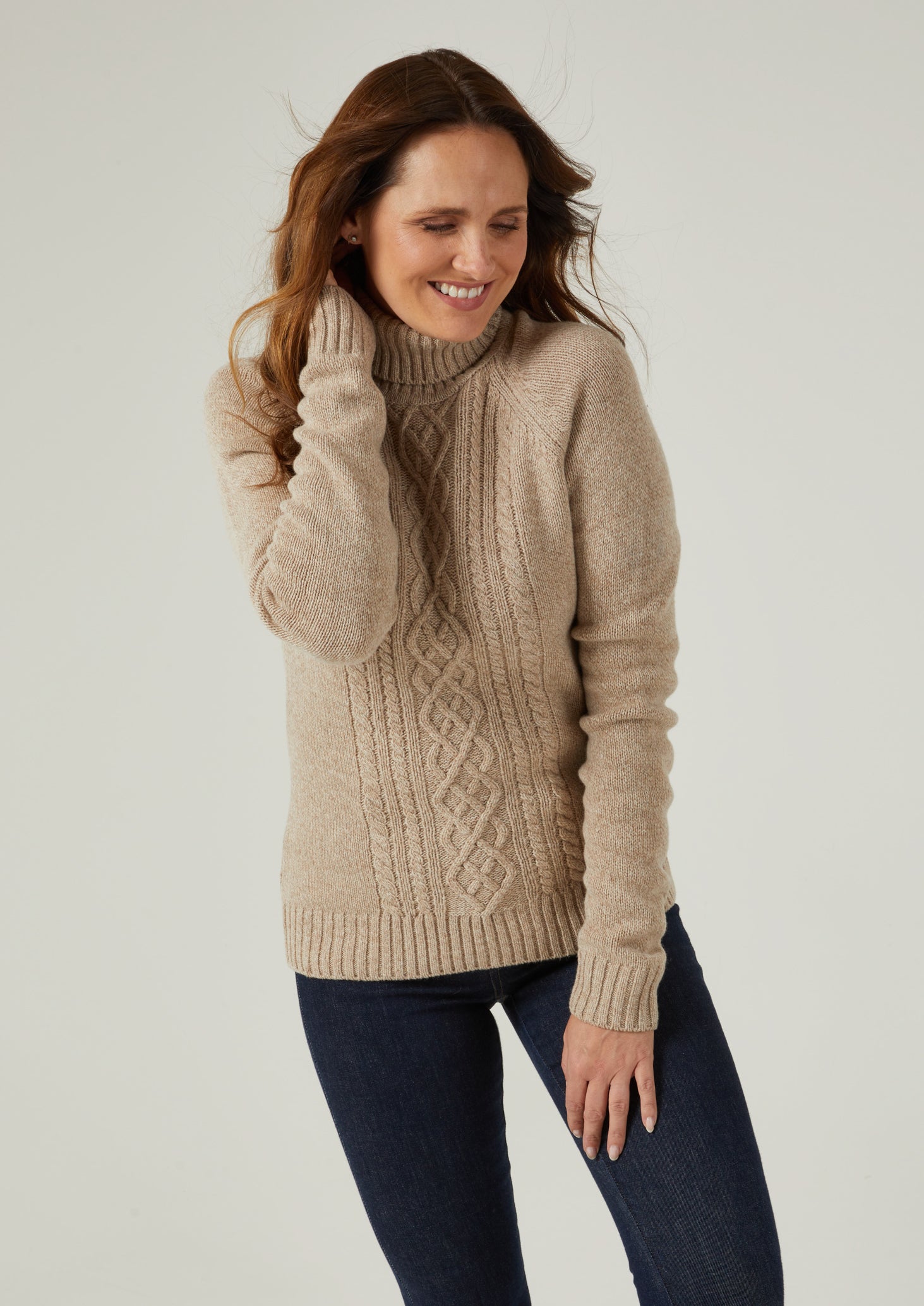 Women s Roll Neck Jumper In Biscuit Alan Paine UK