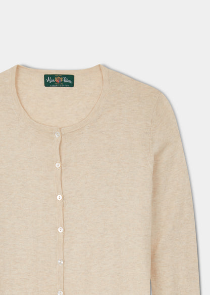 ladies cotton cashmere cardigan in colourway sand with a crew neck