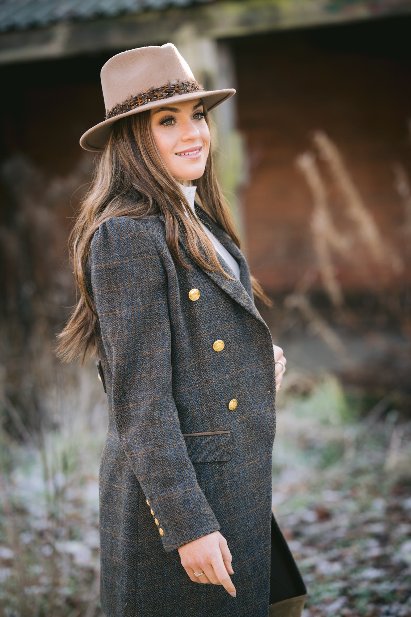 Surrey Ladies Double Breasted Tweed Coat In Taupe Alan Paine UK