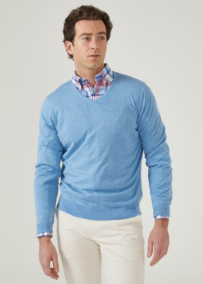 Carolina blue luxury cotton jumper with a vee neck.