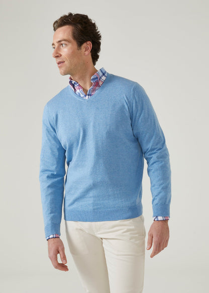 Carolina blue luxury cotton jumper with a vee neck.