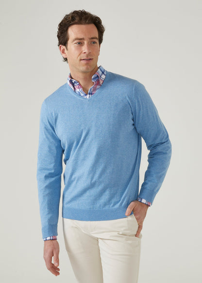 Carolina blue luxury cotton jumper with a vee neck.