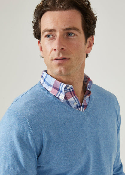 Carolina blue luxury cotton jumper with a vee neck.