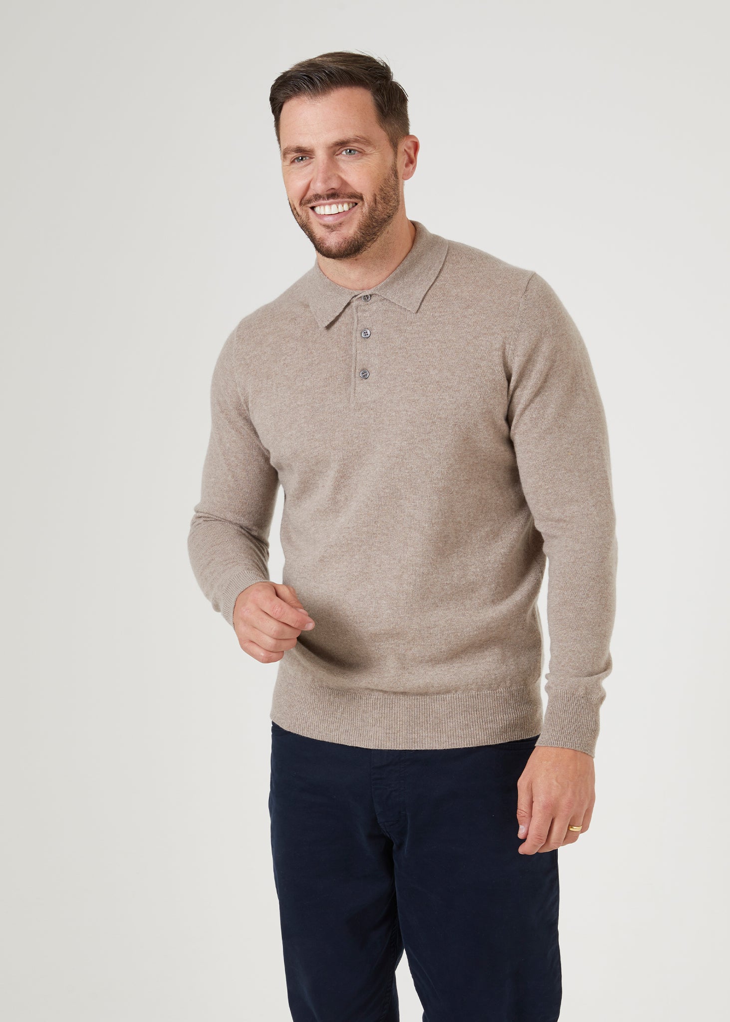 Tresswell Geelong Wool Long Sleeve Polo in Mushroom - Regular Fit