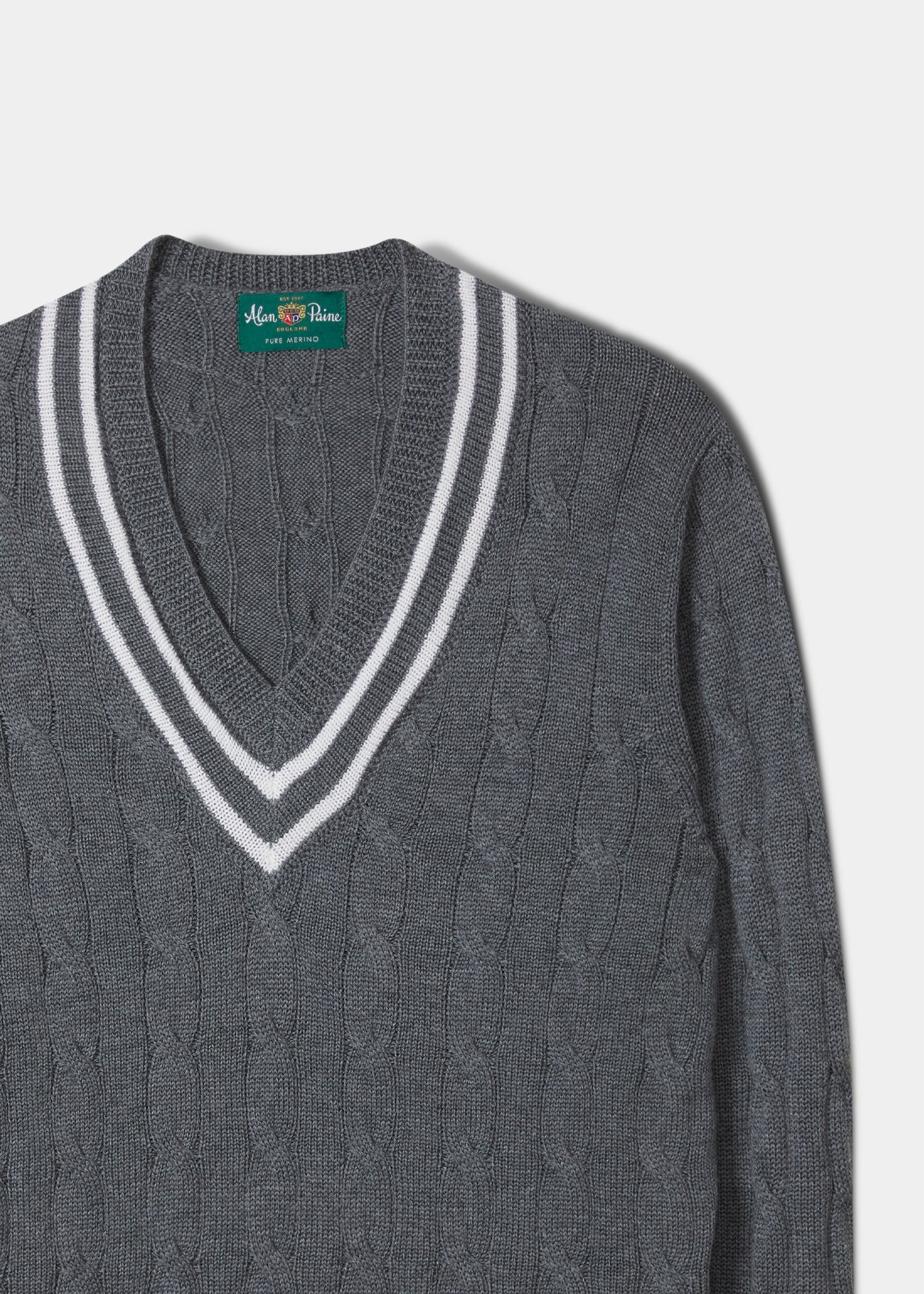 Grafton Men's Grey Merino Wool Cable Cricket Jumper - Regular Fit