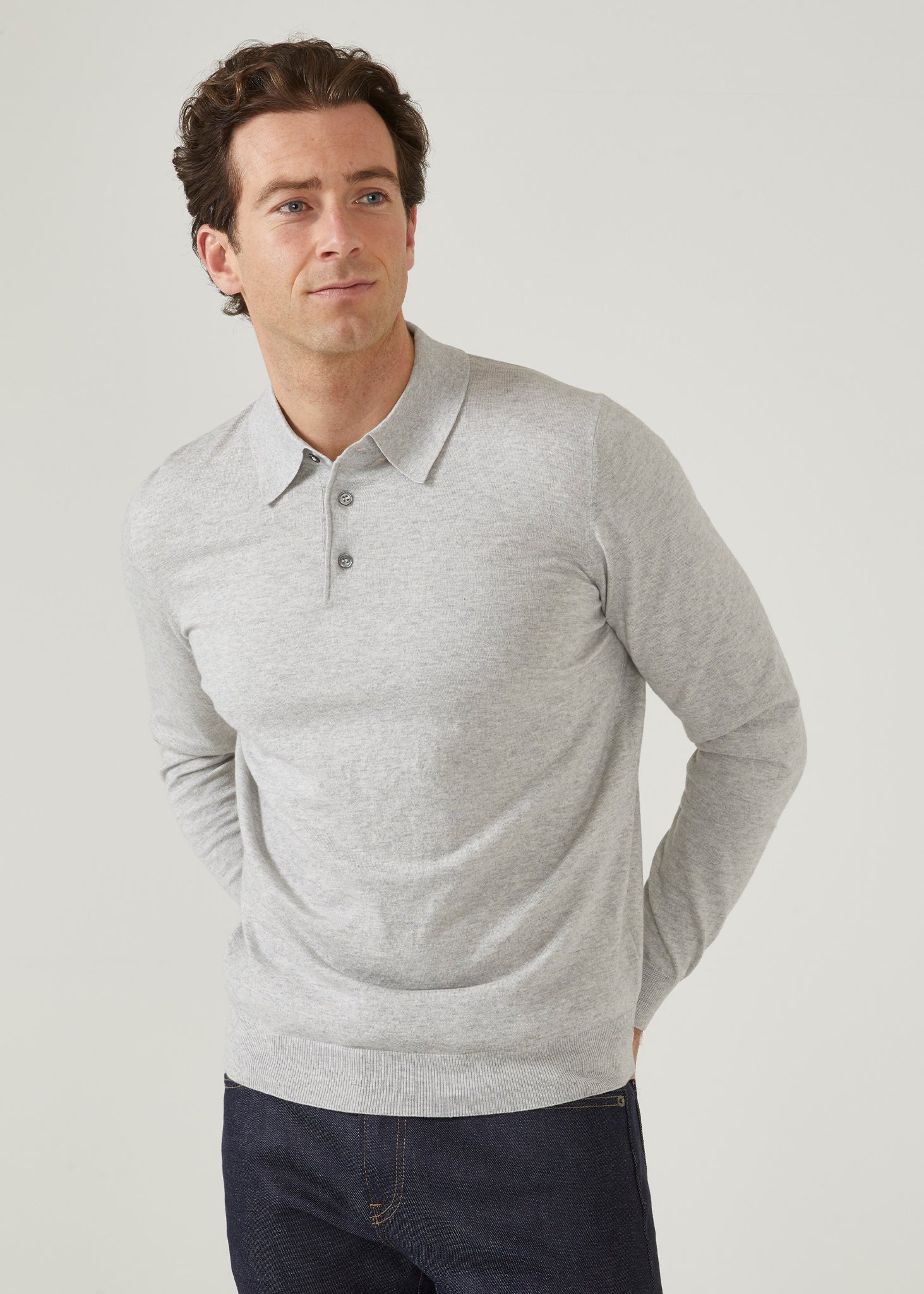 Luxury Cotton Long Sleeve Polo Shirt In Dove Alan Paine Alan