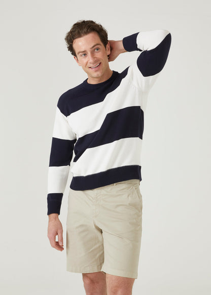 Wide stripe cotton jumper with a crew neck in dark navy & ecru.