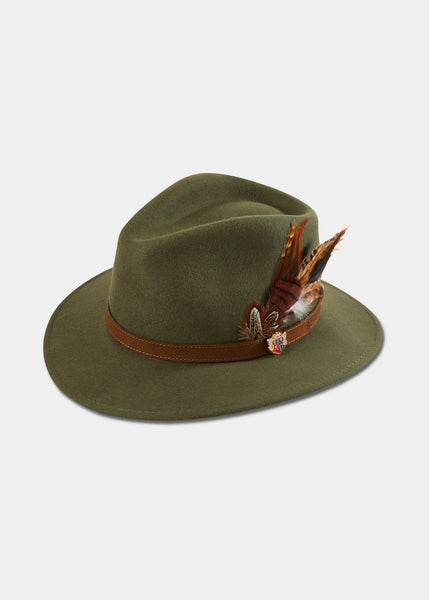 Ladies Felt Hat With Feather In Olive Alan Paine UK