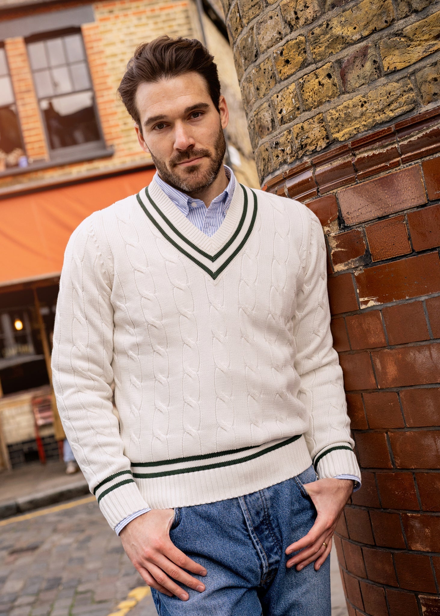 Men s Cable Knit Cricket Jumper In Ecru Racing Green Alan Paine UK